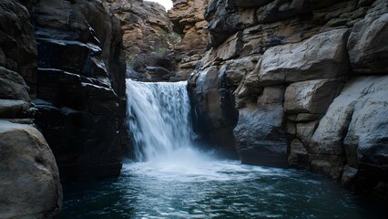 A waterfall cascading into a serene pool, surrounded by rugged rock formations and greenery. Concept Waterfall Beauty, Serene Nature, Rugged Rocks, Tranquil Pool, Lush Greenery