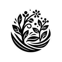 Intricate Monochrome Floral Design: A stylized depiction of botanical elements, including a flower, leaves, and berries, arranged in a circular, symmetrical composition on a white background.