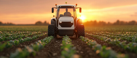 Obraz premium self driving electric tractor operates in vibrant field at sunset, showcasing modern agricultural technology and innovation