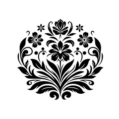 Intricate Black Floral Ornament: A Symmetrical, Circular Design with Detailed Petals, Leaves and Swirls on a White Background.