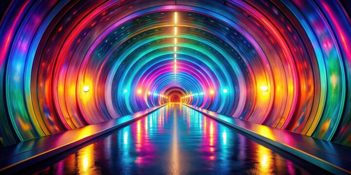 A vibrant, multicolored tunnel with reflective surfaces and glowing lights, leading to an unknown destination