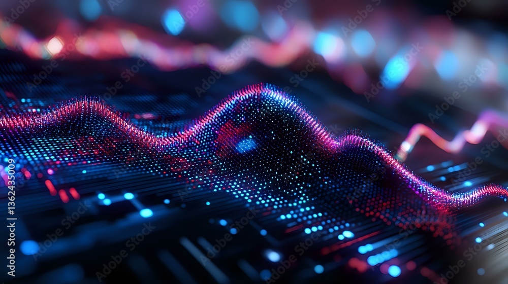 Poster abstract digital wave visualization with glowing pink and blue particles forming dynamic flowing lin
