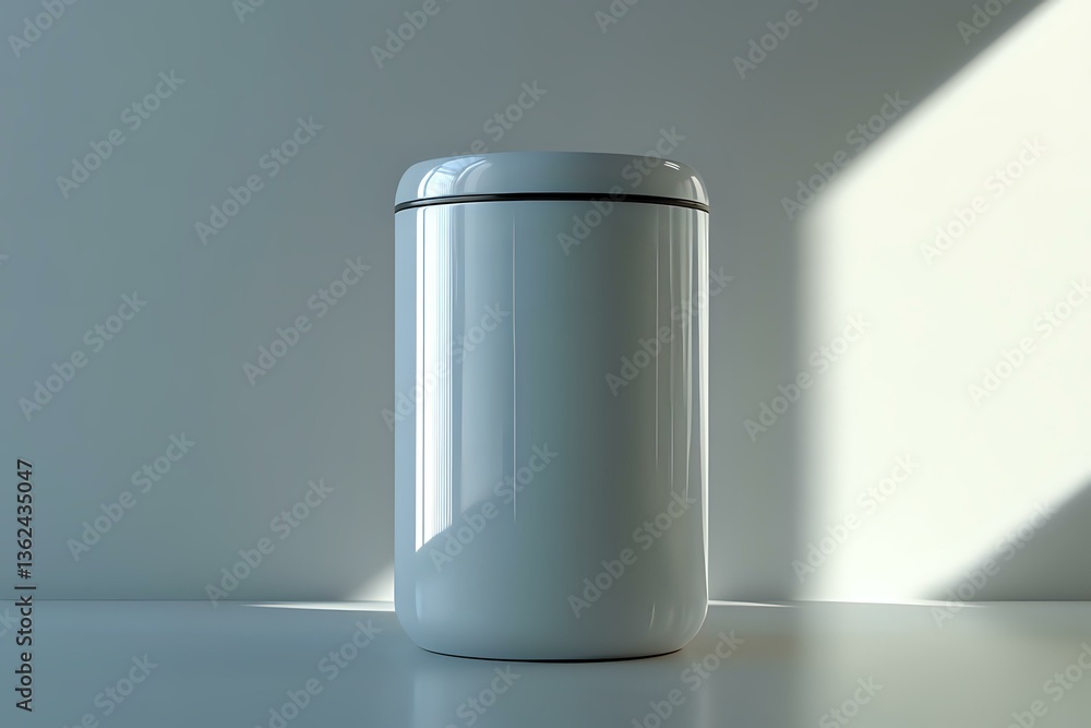 Poster minimalist white cylindrical container on clean surface with dramatic diagonal lighting creating sha