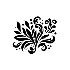 Ornate Black Floral Design with Leaves, Swirls, and Dots Against a White Background.
