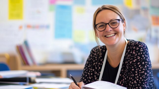 A teacher offering supportive feedback in a bright classroom