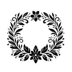 Elegant Black and White Floral Wreath: A symmetrical design with stylized leaves, flowers, and decorative curls arranged in a circular frame against a plain white background.