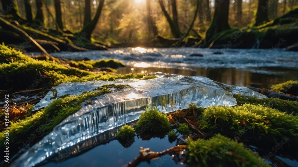 Poster a serene forest scene with ice on moss by a flowing stream, illuminated by sunlight.