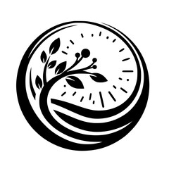A symbolic emblem depicts a tree within a clock, its branches representing time's progression, encased in a circular frame with decorative lines.