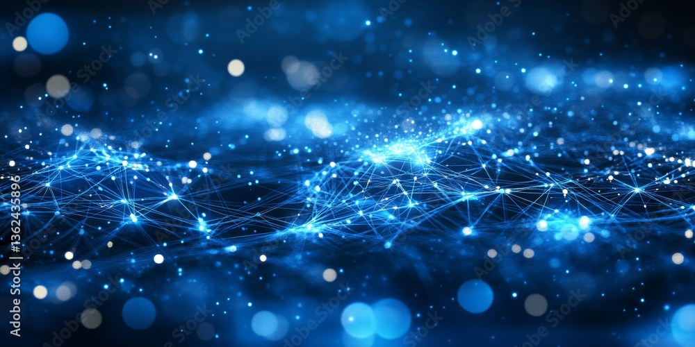 Poster abstract network of bright blue lines and glowing nodes on a dark background with bokeh effect