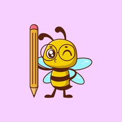 Cute bee holding pencil cartoon icon illustration	