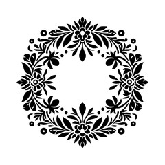 A symmetrical, stylized floral wreath illustration in bold black and white, featuring detailed foliage and flower motifs encircling a blank center.