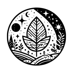 A Black and White Circular Illustration Depicting a Leaf at the Center, Surrounded by a Landscape with Trees, Hills, Celestial Elements like Stars, Sun, and Moon.