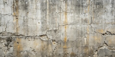 Awe-inspiring texture of an aged, distressed concrete wall surface displaying a network of extensive cracks and fissures, exhibiting a palette of muted grays and subtle ochre tones.