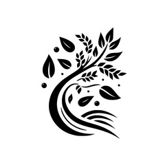 Elegant Black and White Stylized Tree Design with Curved Trunk, Leaves, and Geometric Elements on a Plain Background.