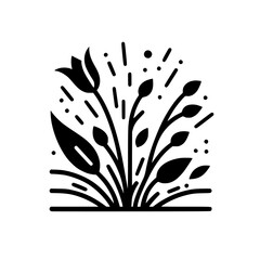 Abstract Black and White Floral Illustration Featuring a Stylized Bellflower, Leaves, and Buds with Dynamic Burst Elements, set on a White Background.