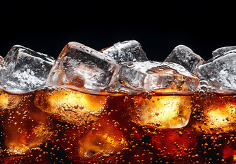 close-up of a cold cola with ice cubes in a glass, isolated on a black background. macro photography, high resolution, high detail. copy space for design.