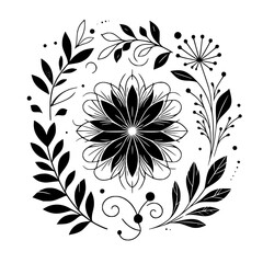 Elegant Black and White Floral Mandala: A symmetrical design of stylized leaves, petals, and buds, creating a harmonious circle on a crisp white background.