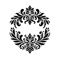 Symmetrical Black Floral Damask Design on White, Illustrating Botanical Elements, Evoking Decorative Elegance, Artistic Pattern, and Graphic Balance.