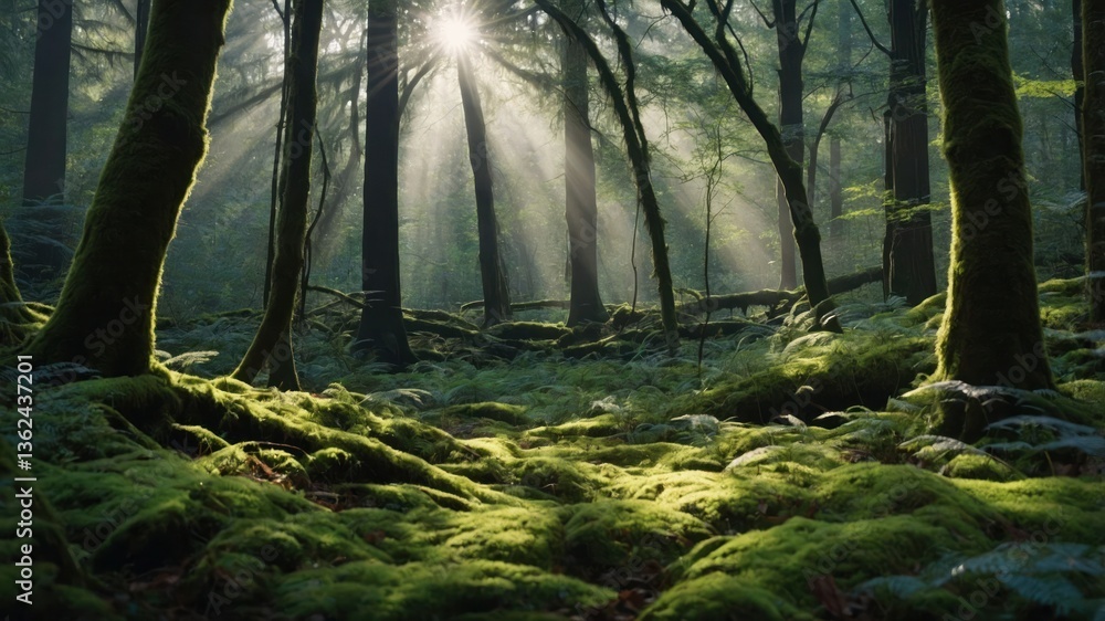 Aufkleber sunlight filters through trees in a lush, green forest, creating a serene atmosphere.