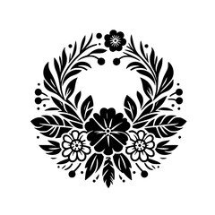 Intricate Black and White Floral Wreath: A symmetrical design featuring stylized flowers, leaves, berries arranged in a circular pattern against a clean white backdrop.