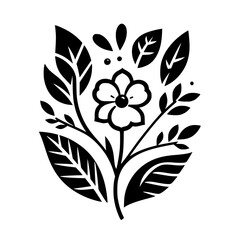 A symmetrical black and white floral illustration featuring a central flower surrounded by leaves, sprigs, and decorative elements on a stark white backdrop.