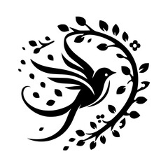 Silhouette of a stylized bird in flight encircled by a floral frame, composed of branches, leaves, and a single flower, set against a pure white backdrop.