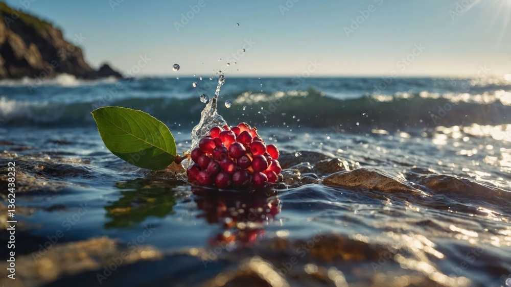 Poster a cluster of red berries splashes in the ocean waves, surrounded by rocks and nature.
