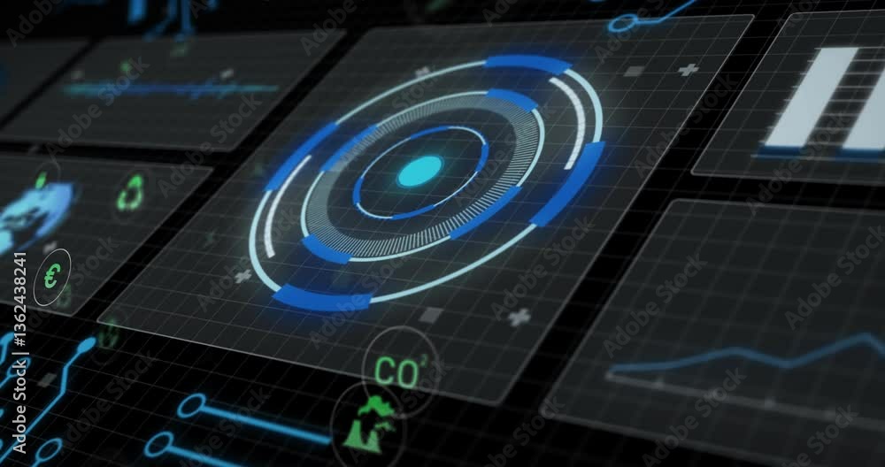 Poster displaying animation of futuristic digital interface with circular graphs in school