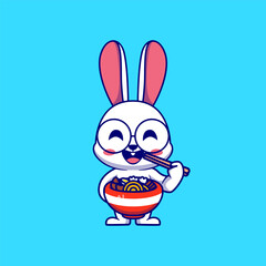 Cute bunny eating ramen cartoon icon illustration	