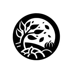 A minimalist autumnal scene within a black circle, featuring a stylized tree, falling leaves, pumpkin and rolling hills, presented in black and white.