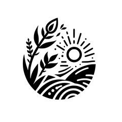 Black and White Minimalist Illustration: Sun, Hills, and Foliage within an Oval, Evoking Nature and Serenity.