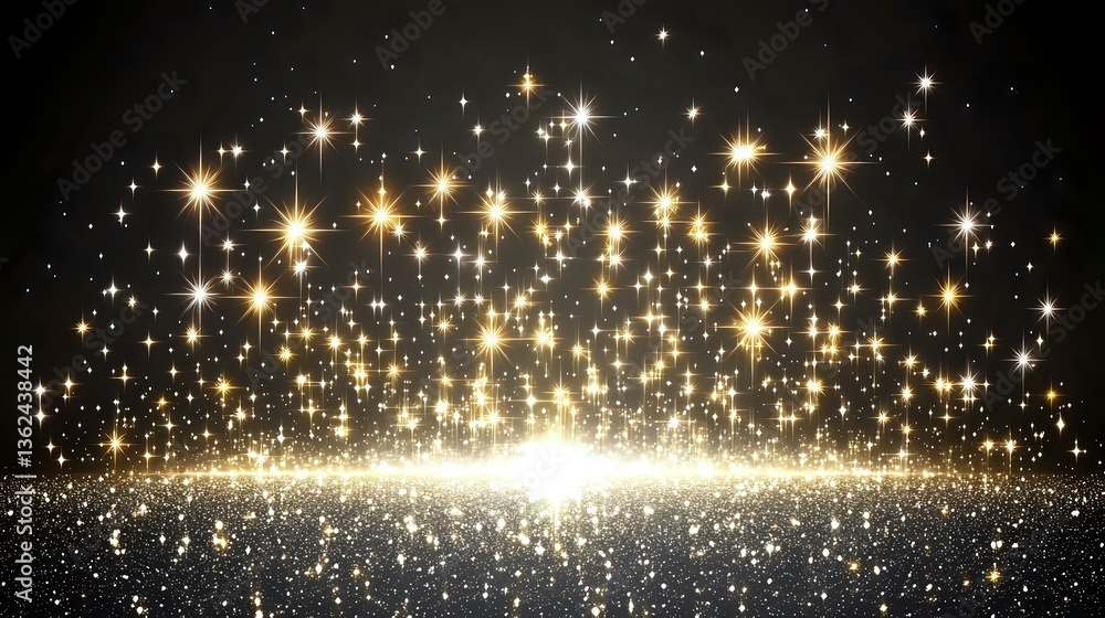 Poster magical starry background with golden glowing sparkles and light burst effect rising from horizon, c