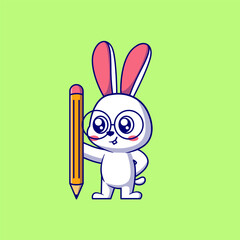 Cute bunny holding pencil cartoon icon illustration	