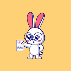 Cute bunny holding grade paper cartoon icon illustration	