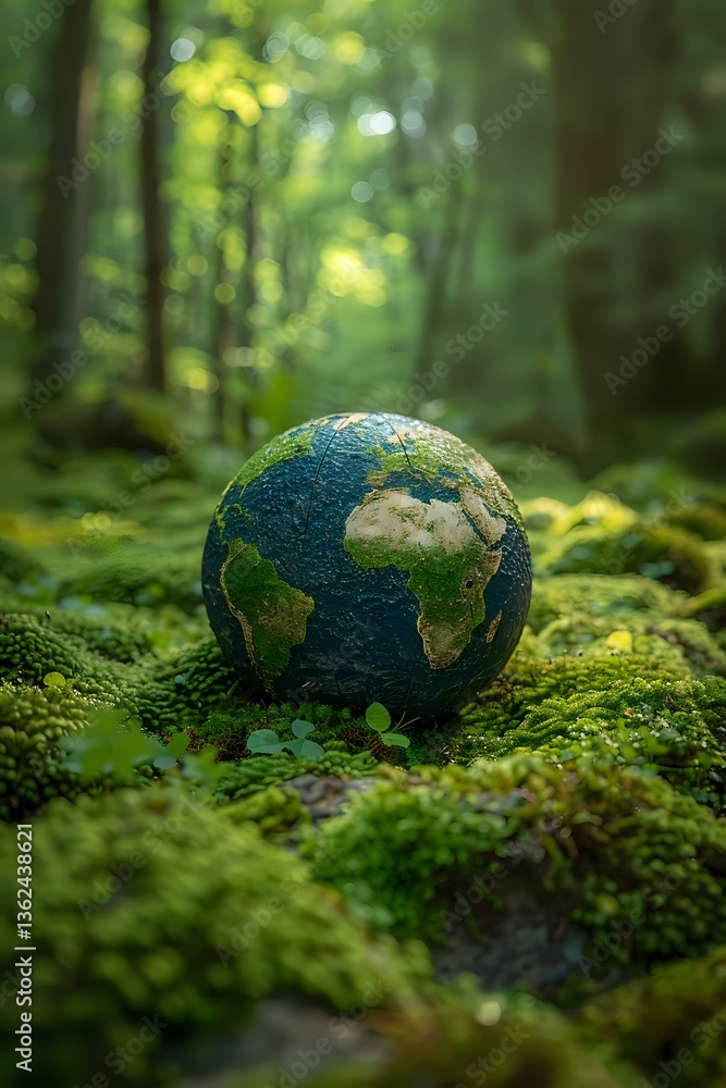 Poster globe model on green moss in forest showing continents and oceans, environmental conservation concep