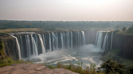 Fototapeta premium Breathtaking waterfall cascades into a misty pool surrounded by lush green vegetation and a hazy sky