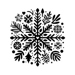 A symmetrical, stylized snowflake illustration, composed of various winter and nature elements, creating a festive, minimalist design in black and white.