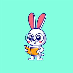 Cute bunny reading book cartoon icon illustration	