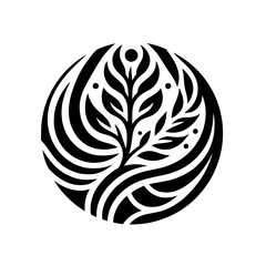 Abstract Black and White Circular Design Featuring Stylized Foliage, Decorative Lines, and a Minimalist Aesthetic.