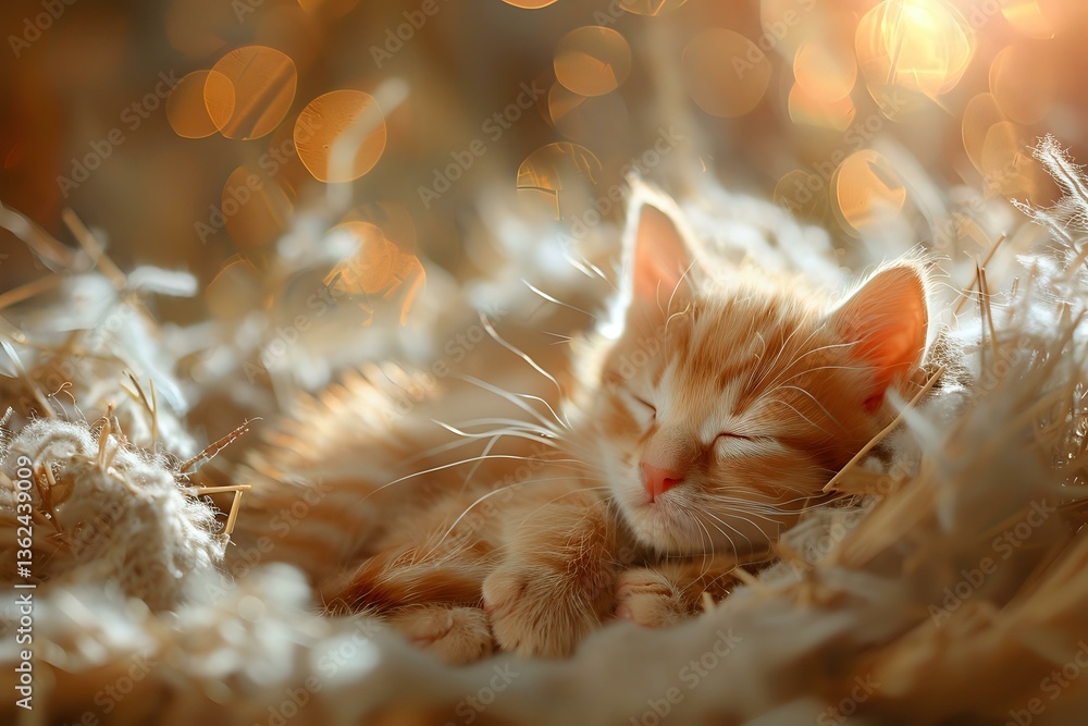 Poster sleeping ginger kitten nestled in soft hay with warm bokeh lights background creates cozy autumn atm