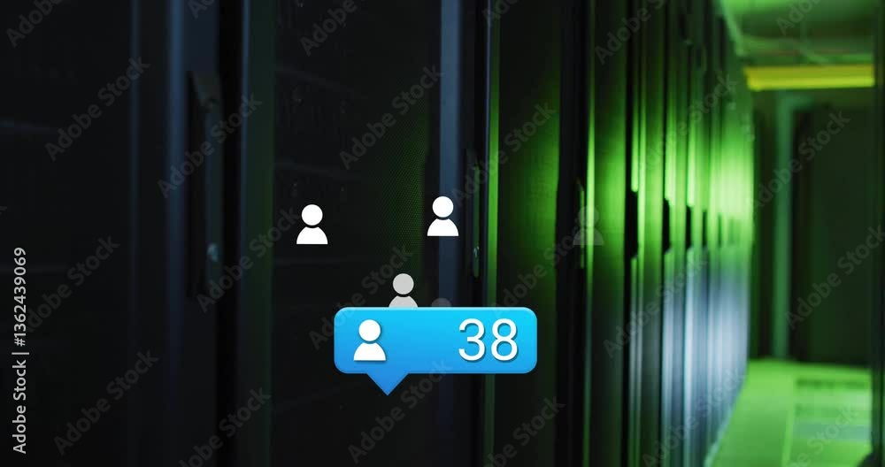 Poster servers in data center with animated user count overlay, showcasing technology