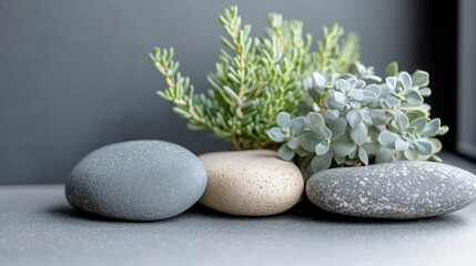 Ornamental plants arranged in small plots with decorative rocks and various greenery