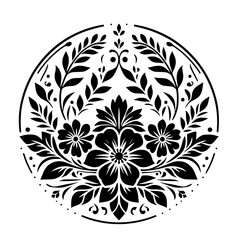 Intricate Black and White Floral Mandala Design Featuring Symmetrical Botanical Arrangement and Ornamental Details