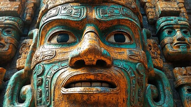 Ancient Aztec stone carving depicting a fierce warrior face in vibrant colors