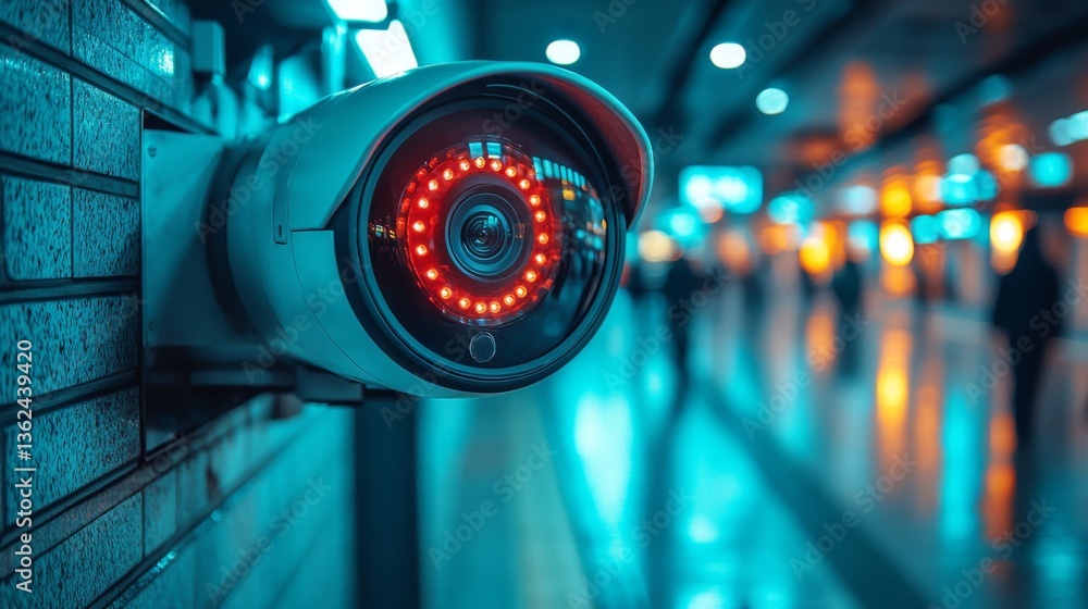 Poster High tech surveillance camera equipped with LED lights is actively monitoring a busy transportation hub. This setup ensures safety and efficient inspection of pedestrian activity.