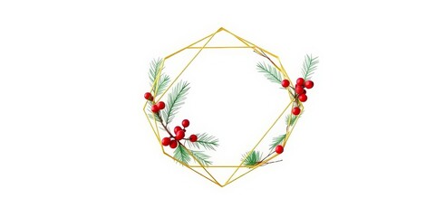 Sleek gold geometric wreath with minimalist pine & berries, elegant, festive