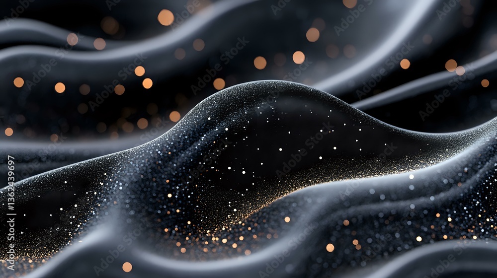 Poster flowing abstract black waves with glowing orange and white particles creating dynamic motion effect 