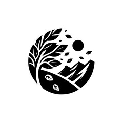 A stylized black and white nature emblem, featuring a tree and mountains contained within a circular frame, conveying harmony and tranquility.