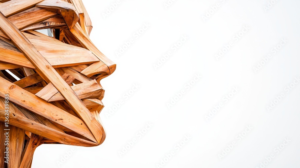 Poster abstract sculpture of twisted wooden beams entangled in dynamic shape against light background symbo
