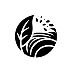 Stylized black and white logo featuring a leaf and a field within a circular frame, representing growth and nature.